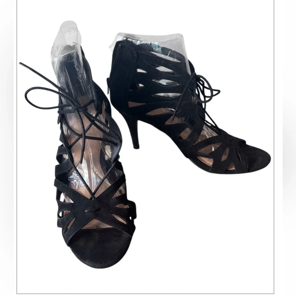 Christian Sirano Women’s Lace up Open Toe Heels in Black Sz 9
